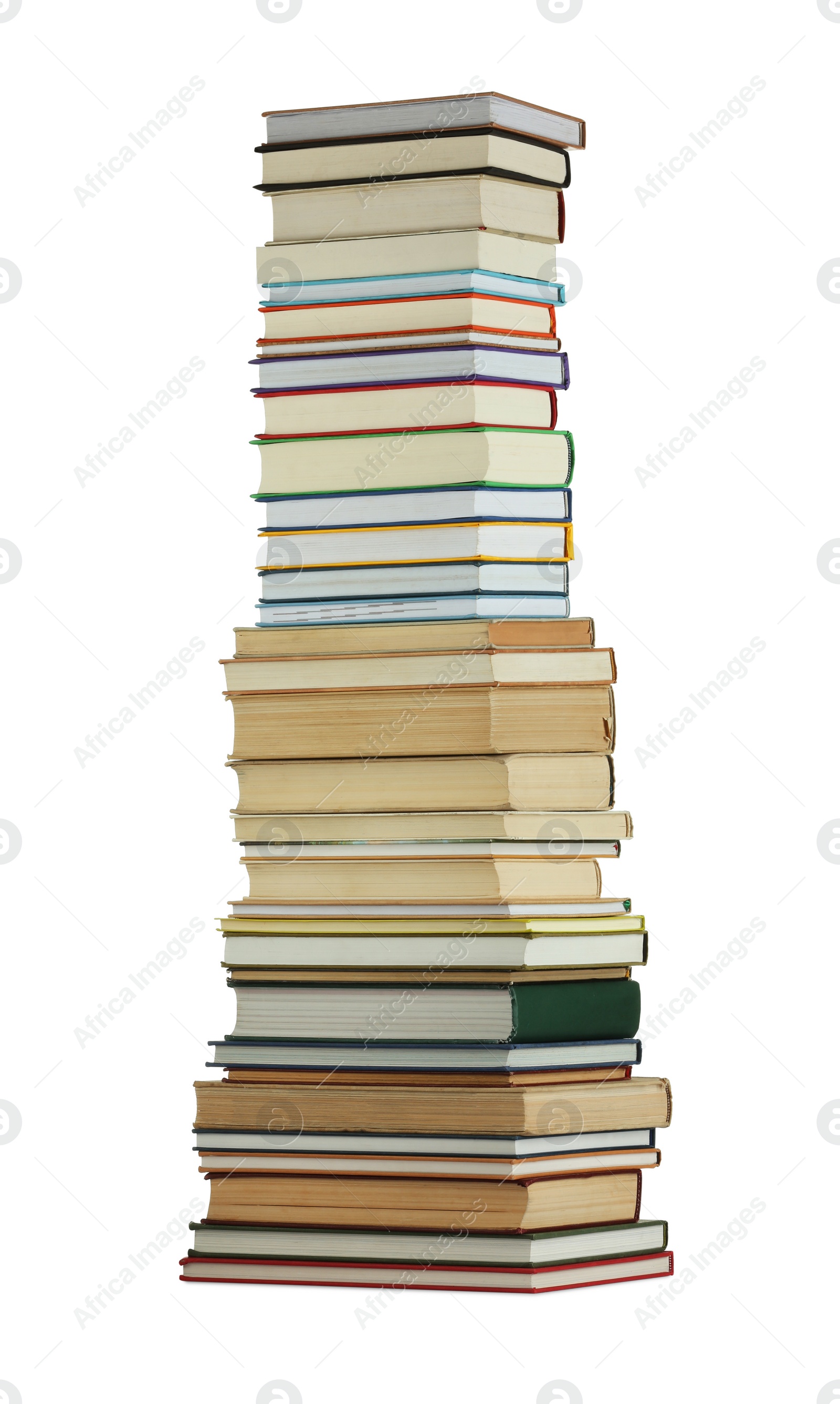 Photo of High stack of many different books isolated on white