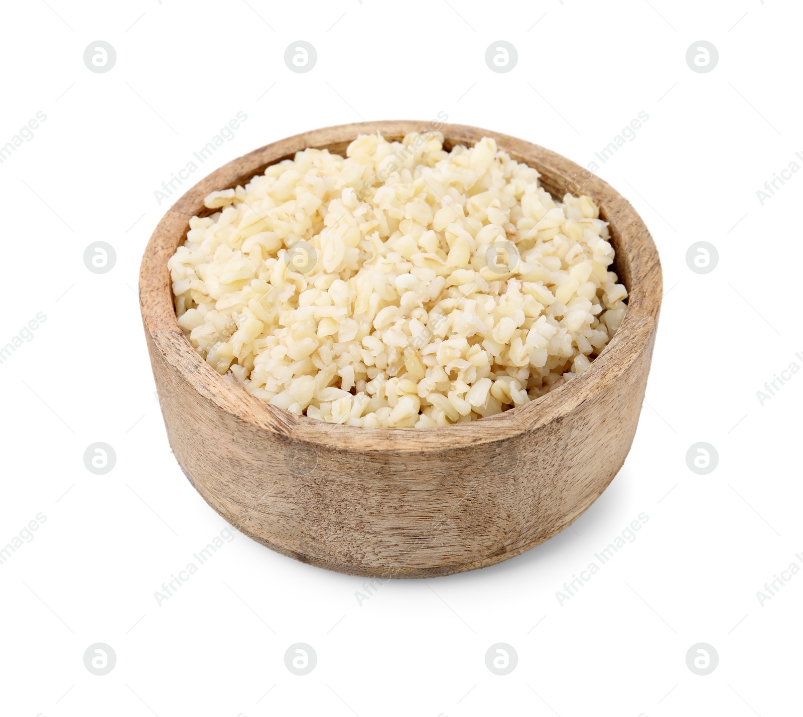 Photo of Cooked bulgur in wooden bowl isolated on white