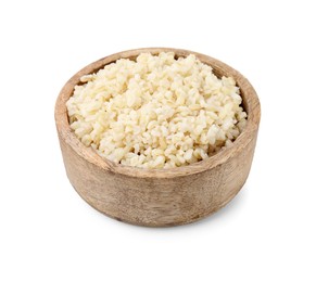 Cooked bulgur in wooden bowl isolated on white