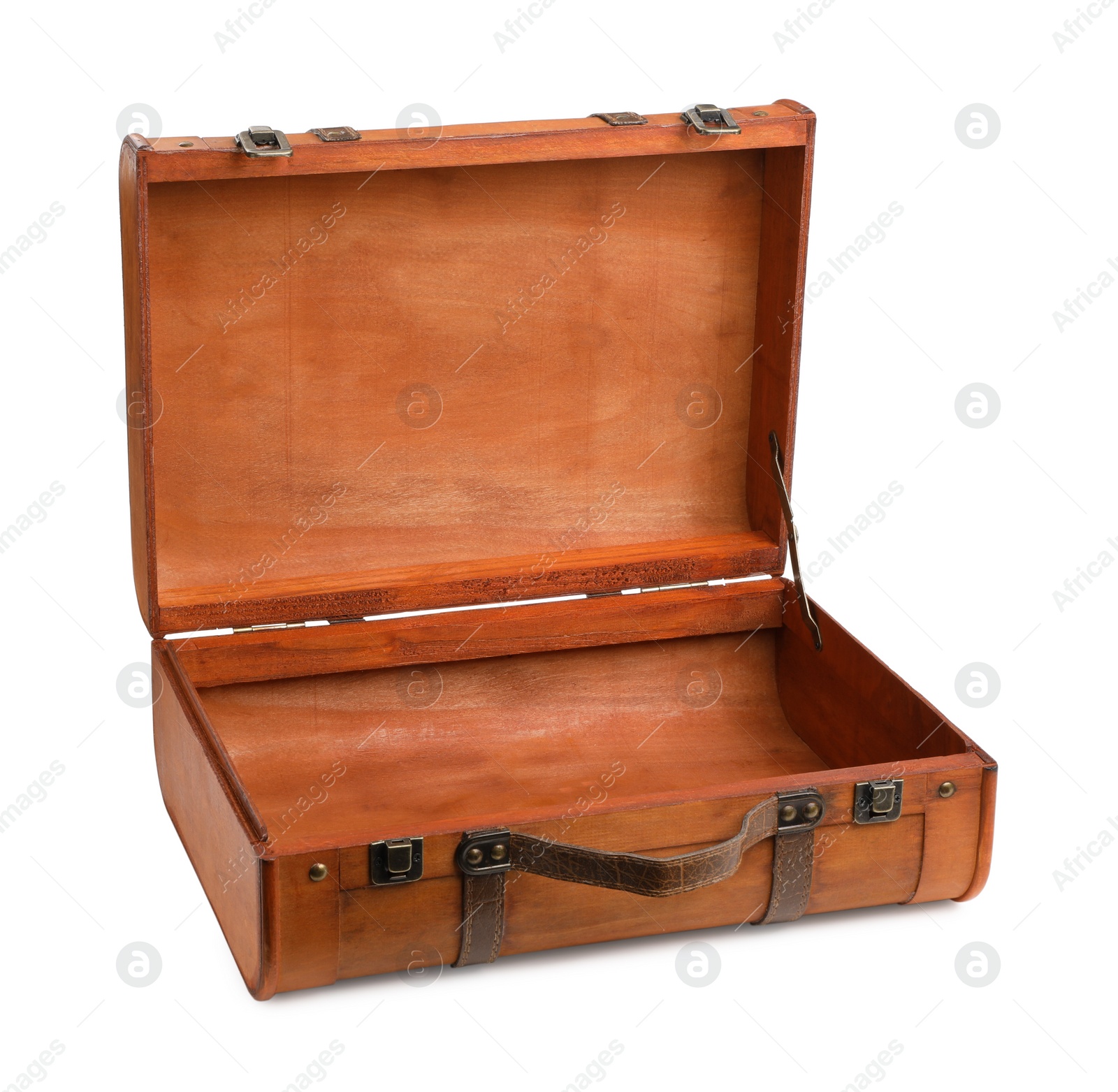 Photo of Opened brown stylish suitcase on white background