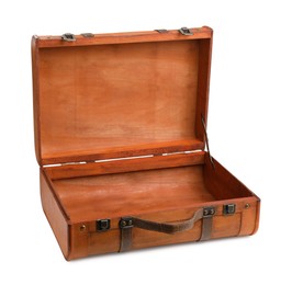 Photo of Opened brown stylish suitcase on white background