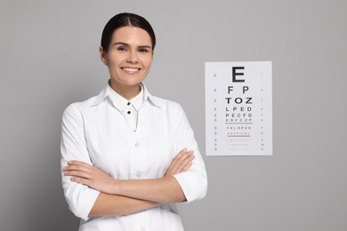 Photo of Ophthalmologist with vision test chart on gray background