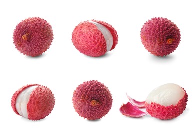 Image of Set with tasty ripe lychee fruits on white background