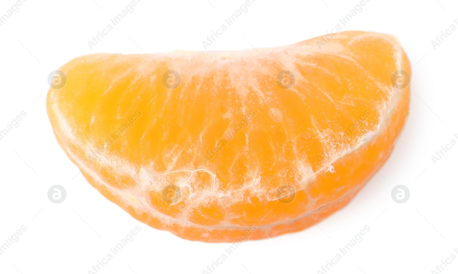 Photo of Piece of peeled fresh ripe tangerine isolated on white, top view