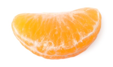 Photo of Piece of peeled fresh ripe tangerine isolated on white, top view