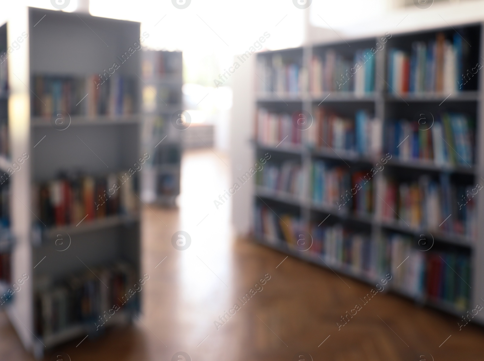 Photo of Blurred view of library interior with bookcases