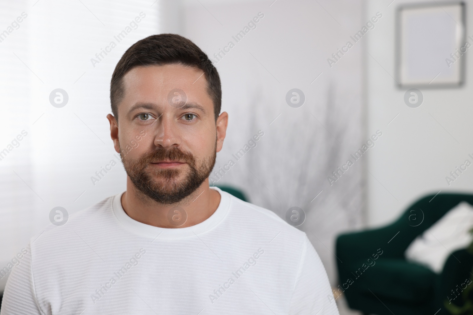 Photo of Portrait of handsome man indoors, space for text