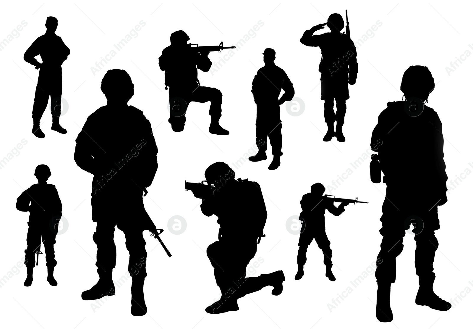 Image of Collage with silhouettes of soldiers on white background. Military service