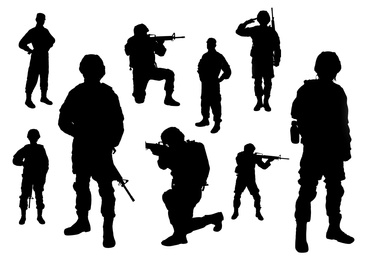 Collage with silhouettes of soldiers on white background. Military service