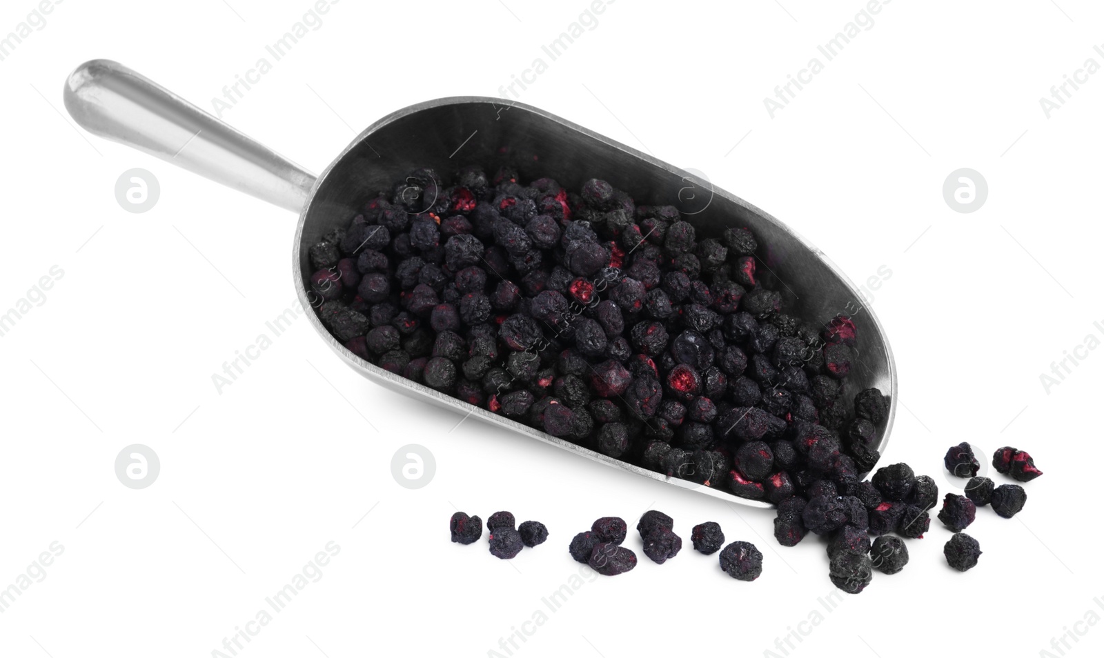 Photo of Scoop with freeze dried blueberries on white background