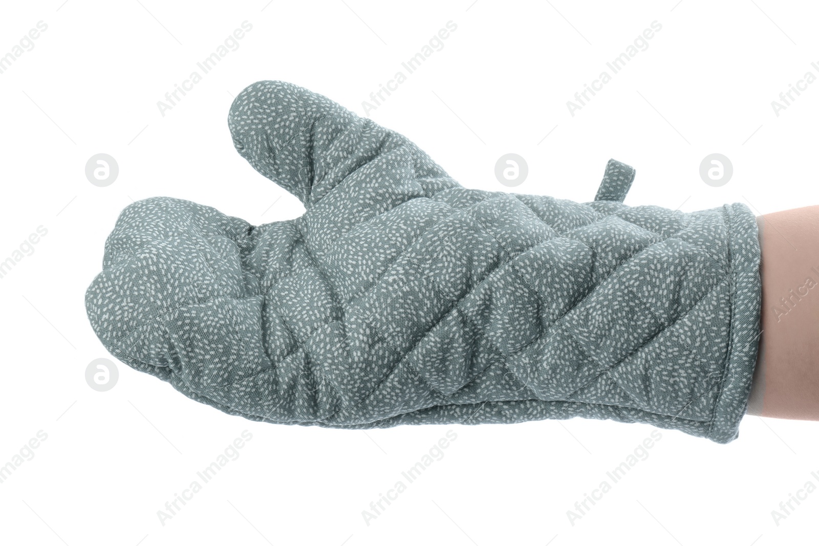 Photo of Chef in oven glove on white background, closeup