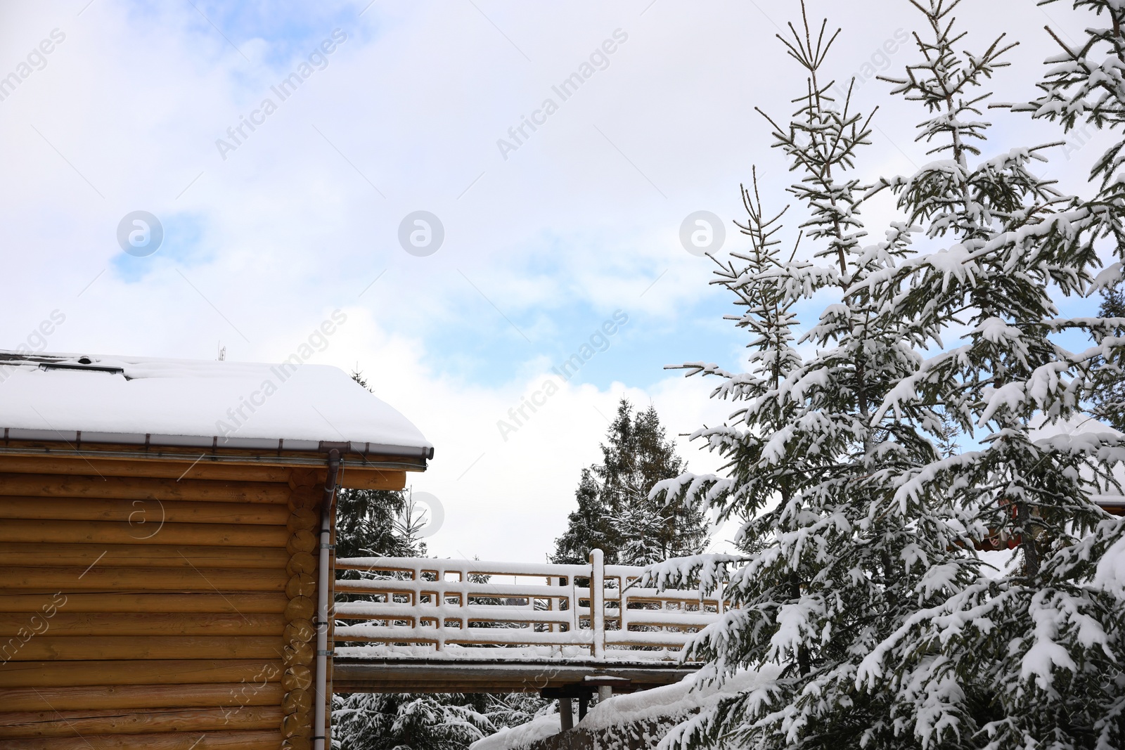 Photo of Beautiful landscape with cottage on snowy winter day