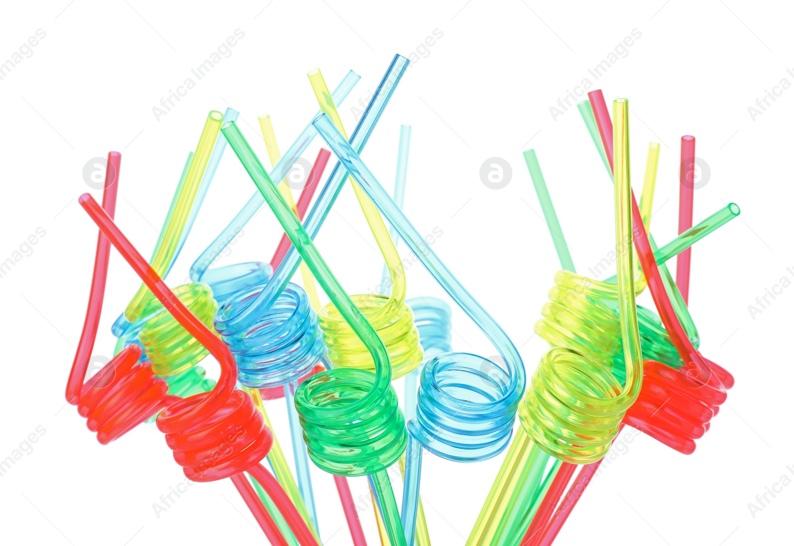 Photo of Color plastic cocktail tubes on white background