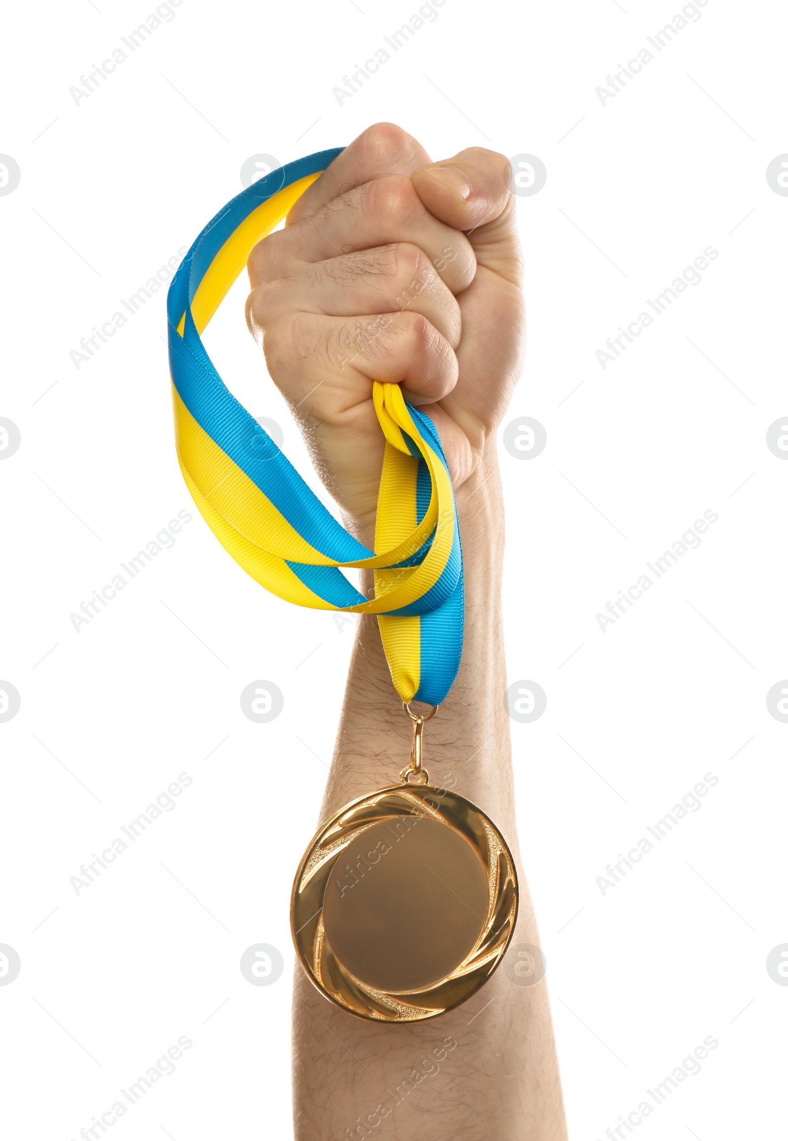 Photo of Man holding golden medal on white background, closeup. Space for design