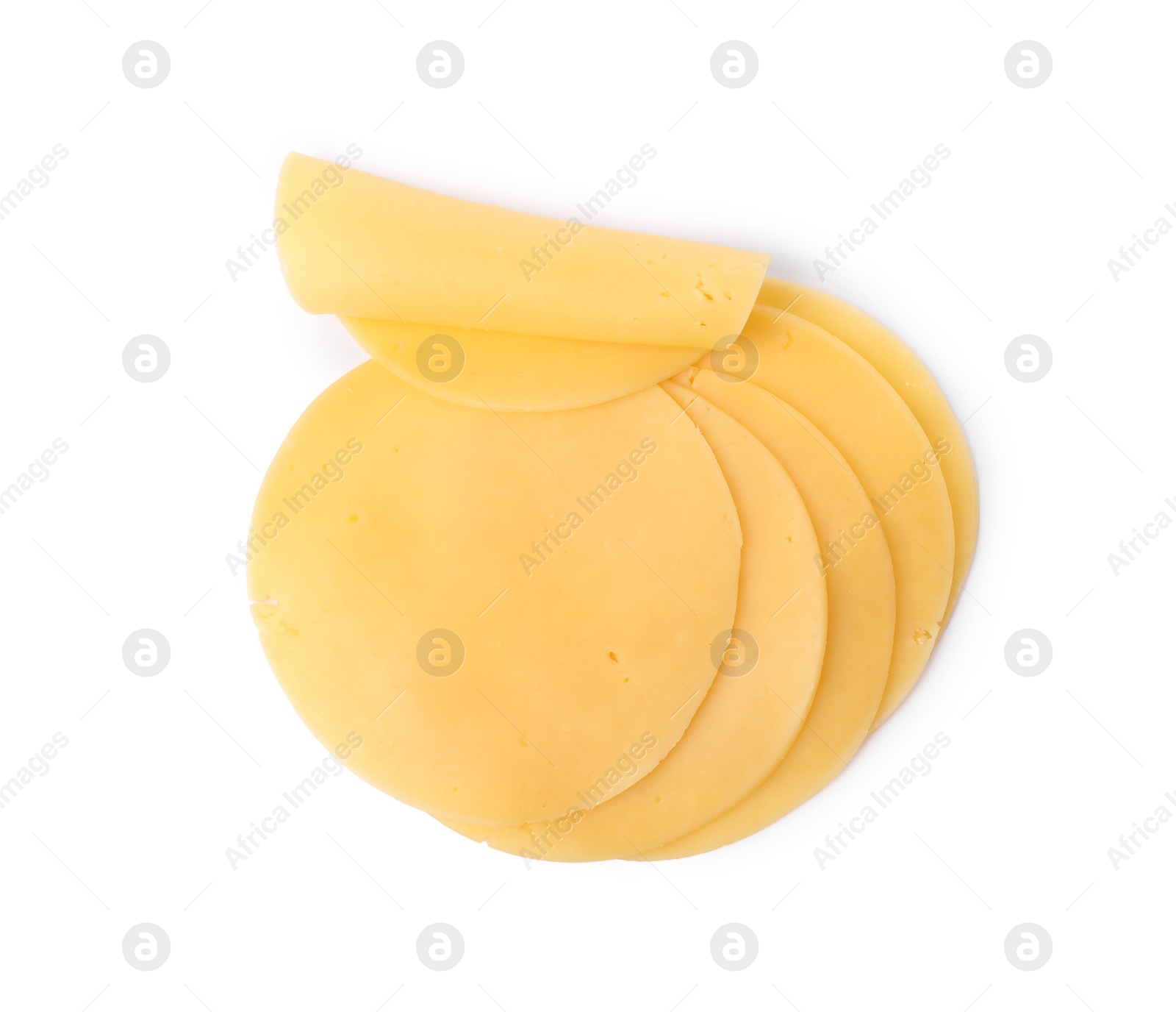 Photo of Slices of tasty fresh cheese isolated on white, top view