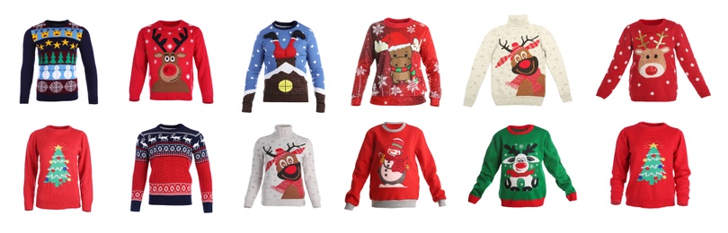 Image of Set of warm Christmas sweaters on white background. Banner design