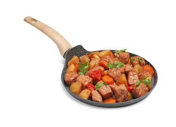 Photo of Frying pan with delicious goulash isolated on white