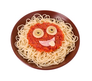 Photo of Plate with funny monster made of tasty pasta isolated on white. Halloween food