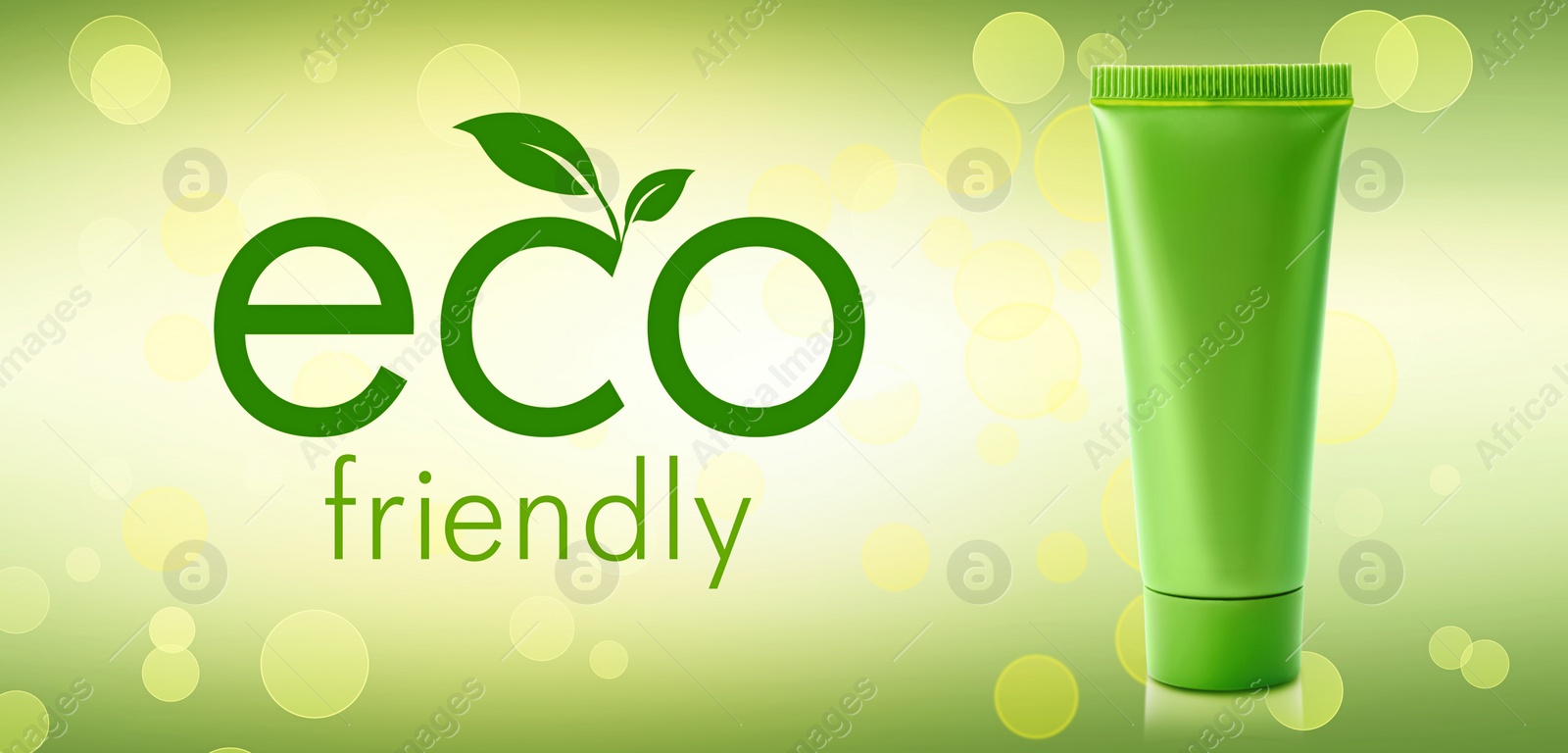 Image of Organic eco friendly cosmetic product on green background, bokeh effect. Banner design