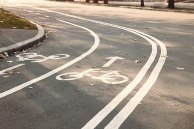 Photo of Two way bicycle lane with white signs on asphalt