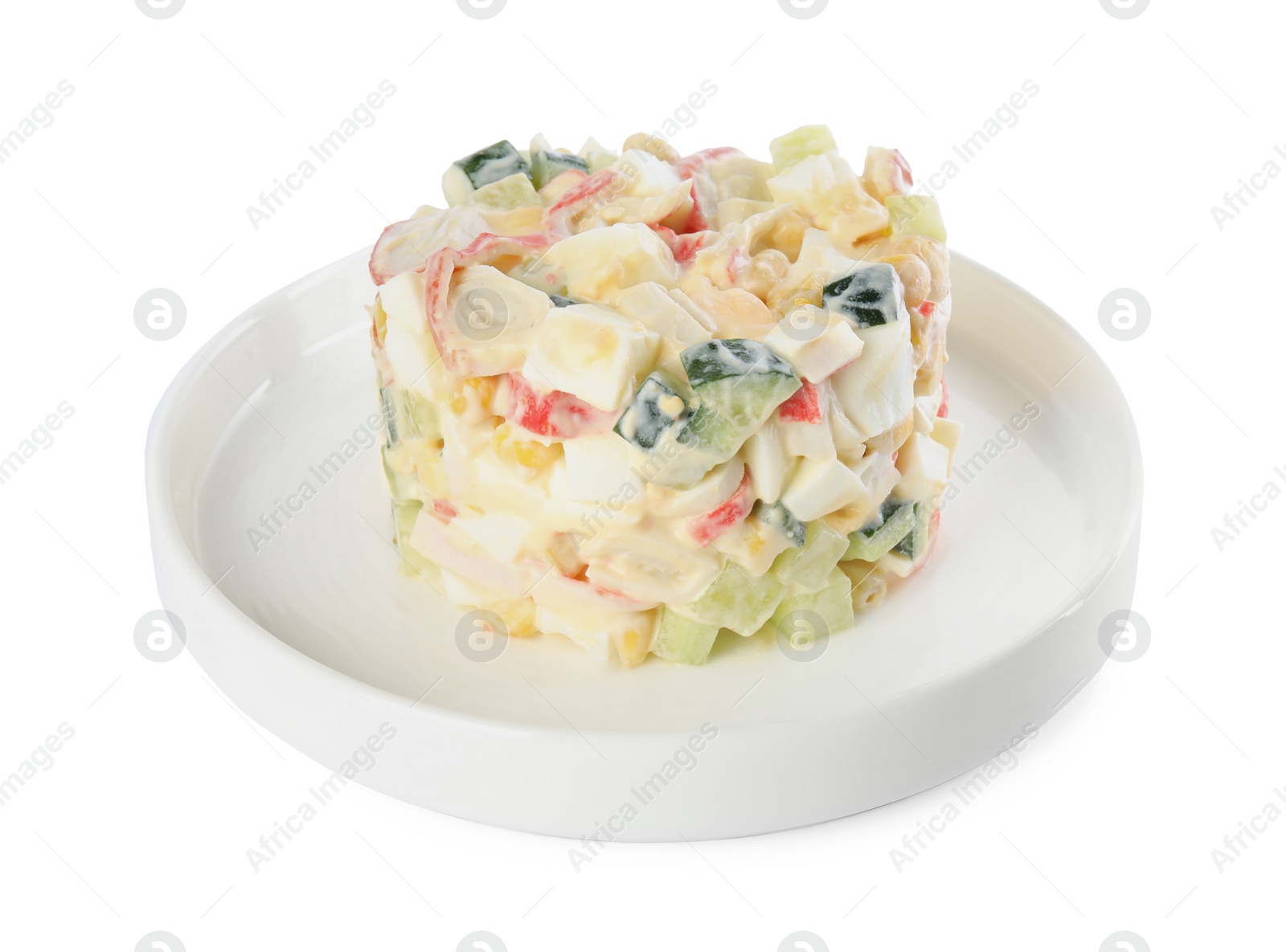 Photo of Delicious salad with fresh crab sticks on white background