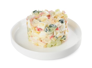 Photo of Delicious salad with fresh crab sticks on white background