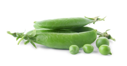 Photo of Delicious fresh green peas on white background