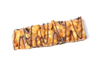 Photo of Grain cereal bar with chocolate on white background. Healthy snack