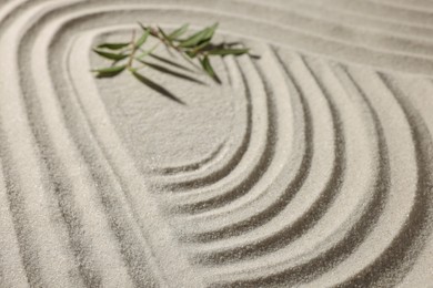Photo of Beautiful lines and branches on sand, closeup. Zen garden