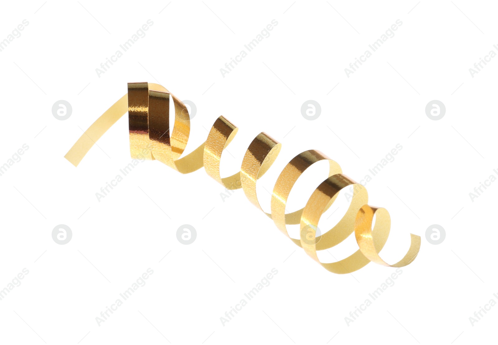 Photo of Shiny serpentine streamer on white background. Festive decor