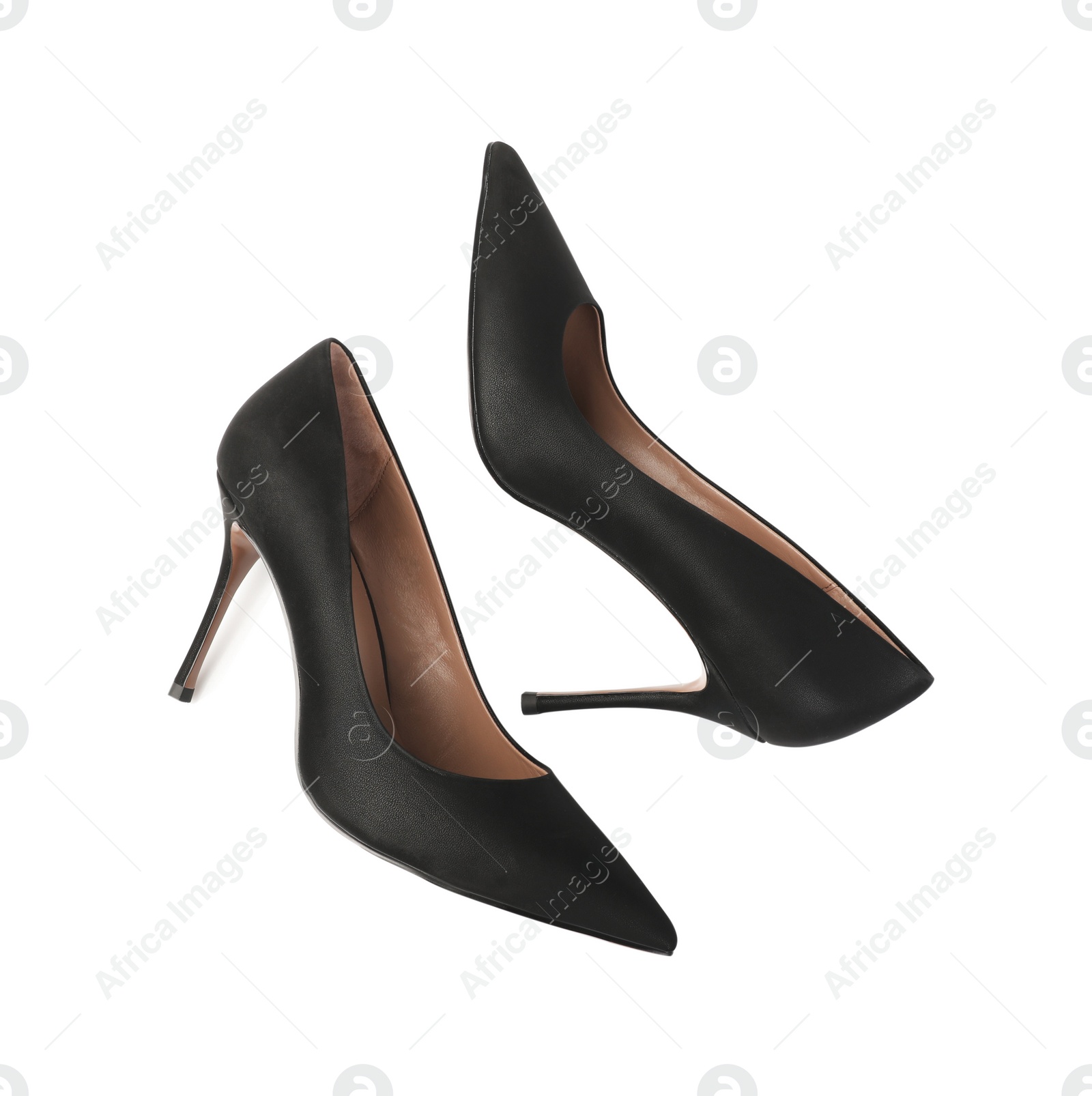 Photo of Pair of elegant black high heel shoes on white background, top view