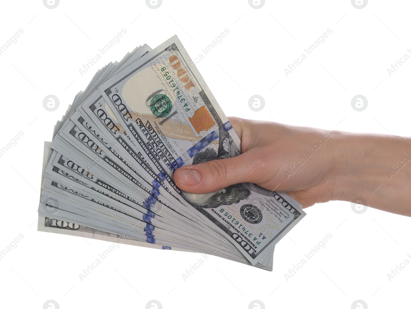 Photo of Money exchange. Woman holding dollar banknotes on white background, closeup