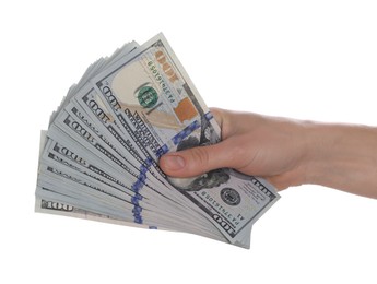 Photo of Money exchange. Woman holding dollar banknotes on white background, closeup