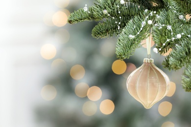 Beautiful Christmas ball hanging on fir tree against blurred festive lights. Space for text