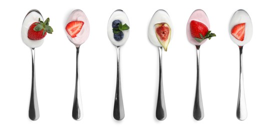 Image of Different delicious yogurts in spoons isolated on white, top view