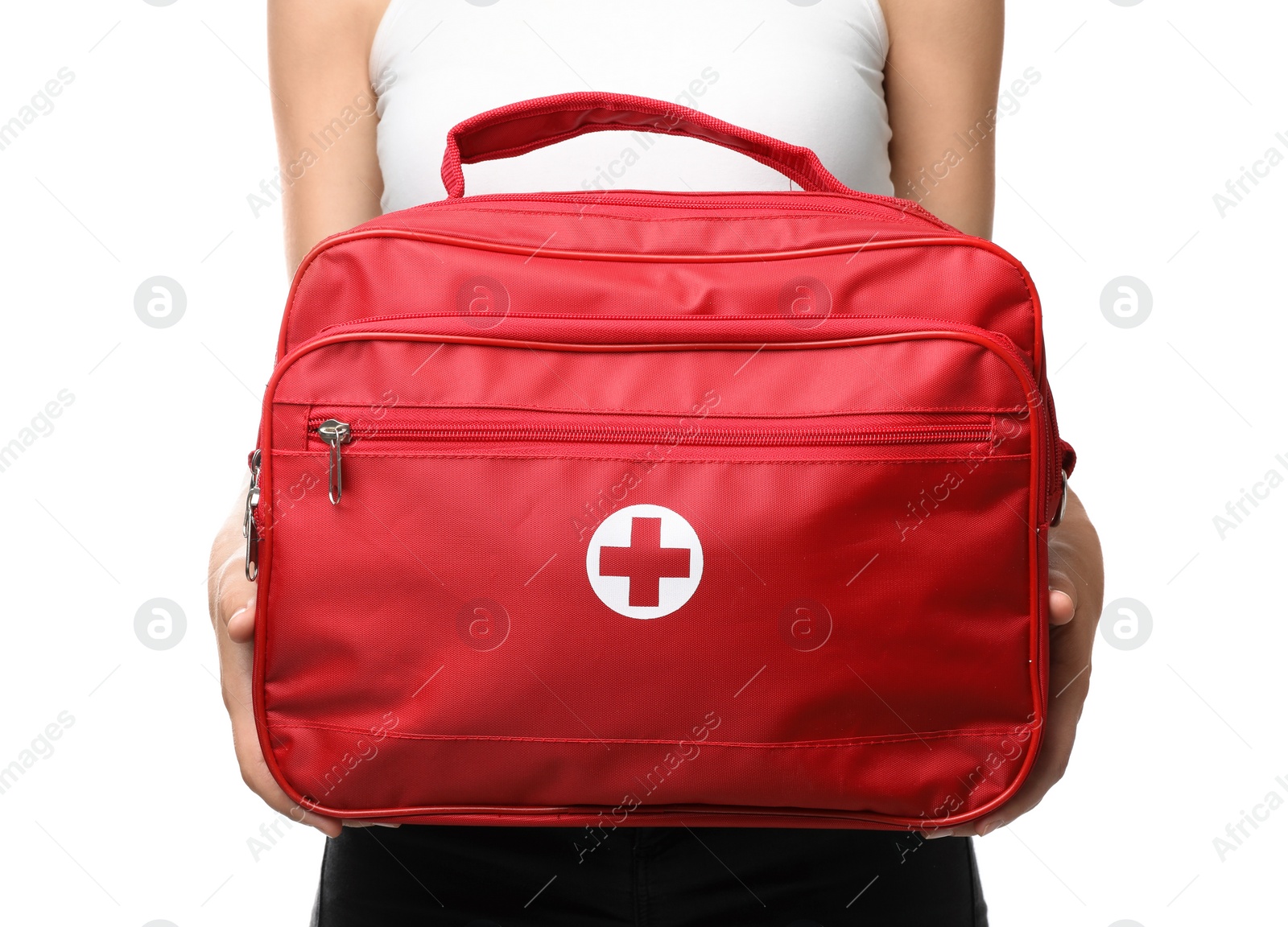 Photo of Woman holding first aid kit on white background, closeup