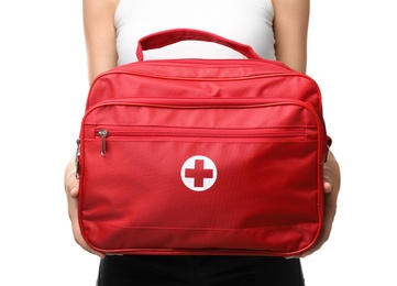 Photo of Woman holding first aid kit on white background, closeup