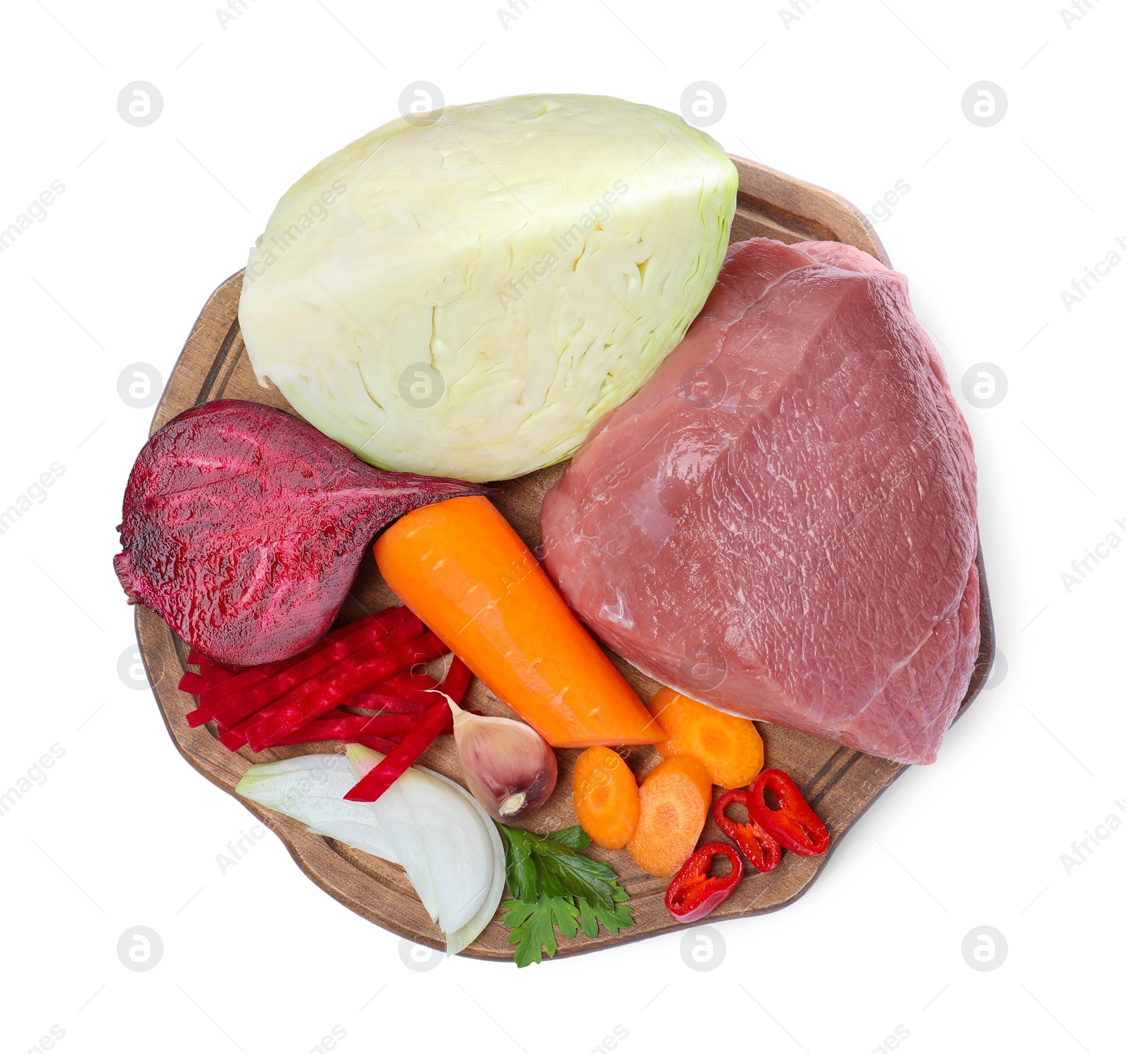 Photo of Ingredients for traditional borscht on white background, top view