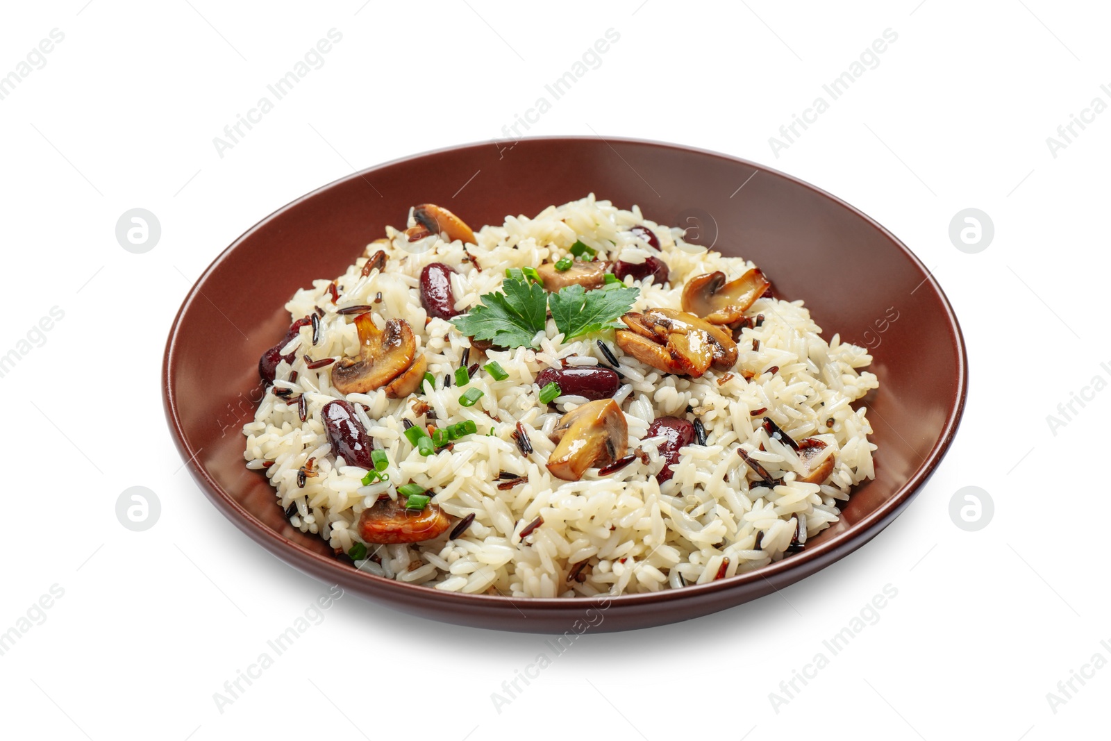 Photo of Delicious rice pilaf with mushrooms isolated on white