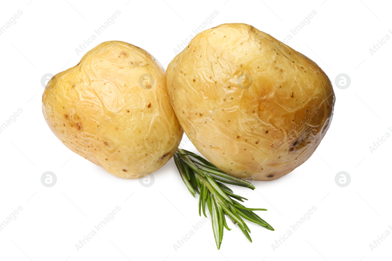 Photo of Tasty whole baked potatoes with rosemary on white background