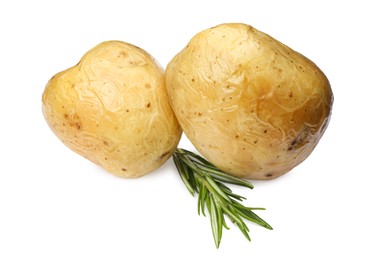 Photo of Tasty whole baked potatoes with rosemary on white background