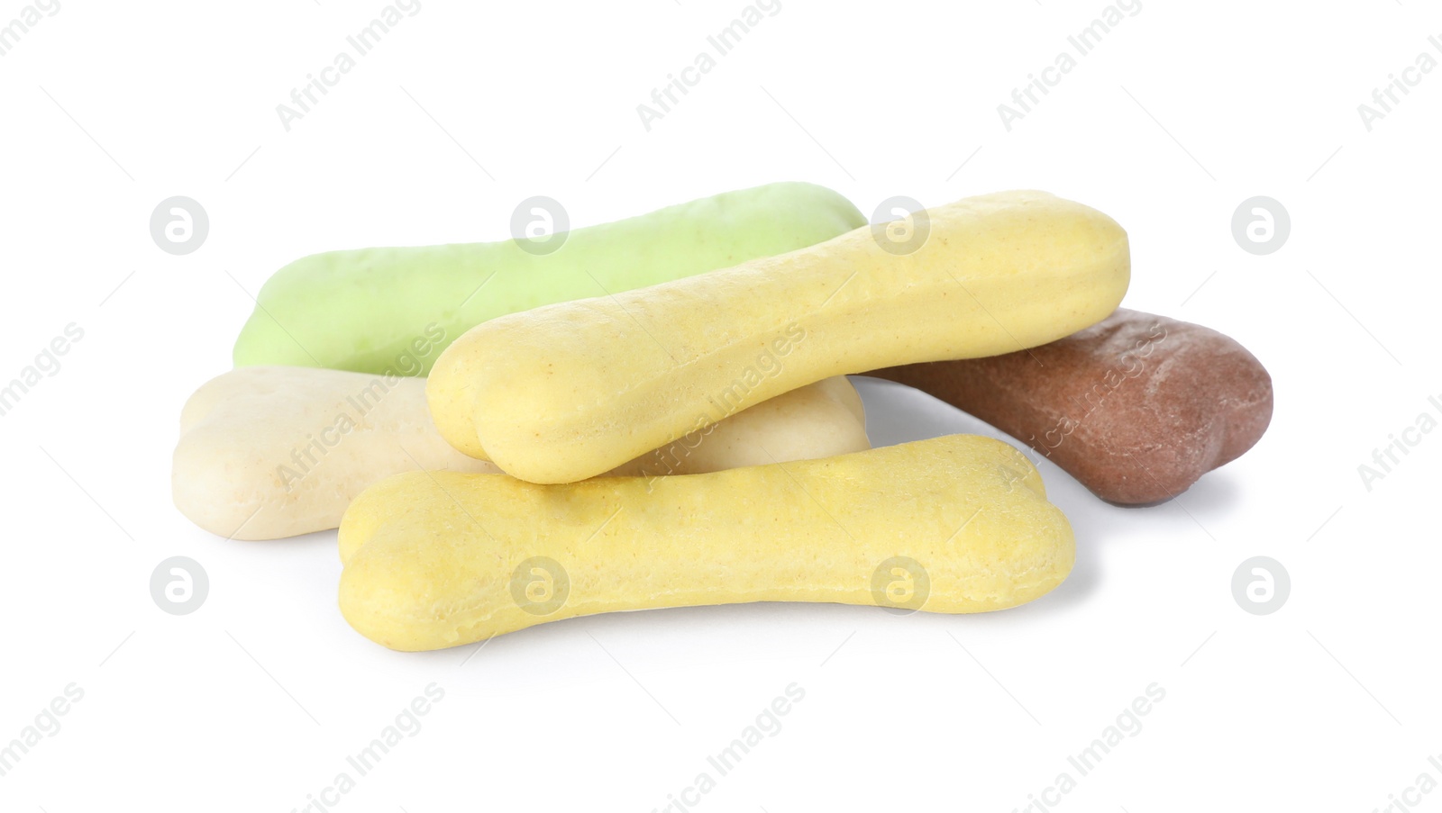 Photo of Different bone shaped dog cookies on white background