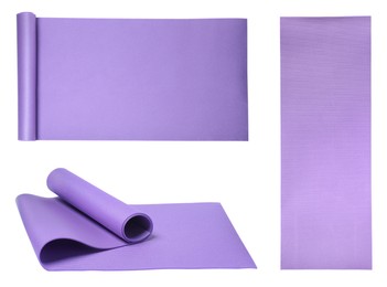 Image of Set with violet camping mats on white background 