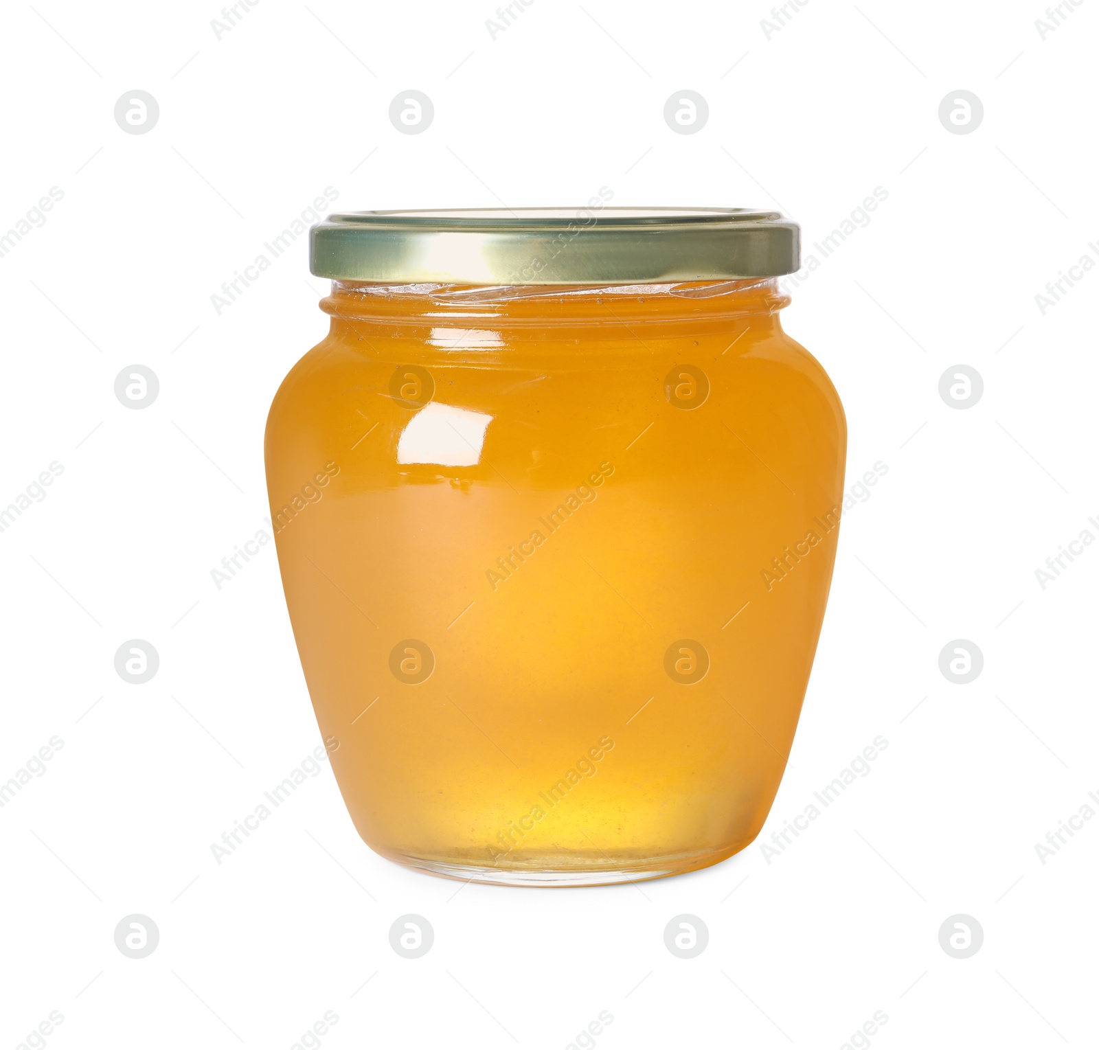 Photo of Tasty natural honey in glass jar isolated on white