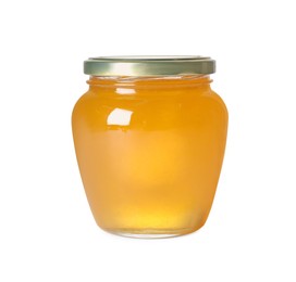 Photo of Tasty natural honey in glass jar isolated on white