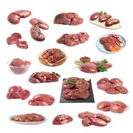 Set with fresh raw kidneys on white background