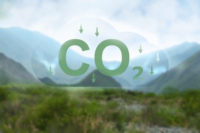 Image of Reduce CO2 emissions. Illustration of cloud with CO2 inscription, arrows and beautiful mountain landscape