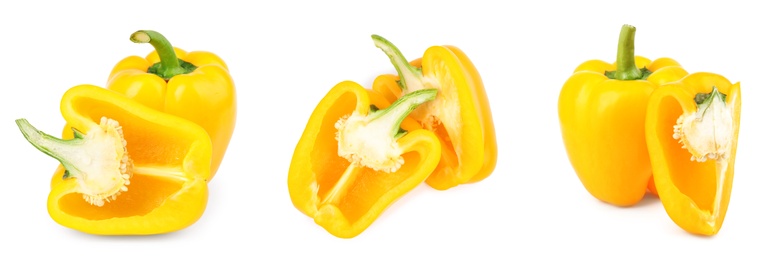 Set of cut and whole yellow bell peppers on white background. Banner design