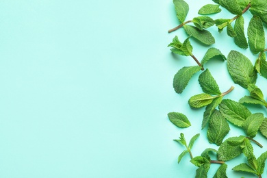 Fresh green mint leaves on blue background, flat lay. Space for text