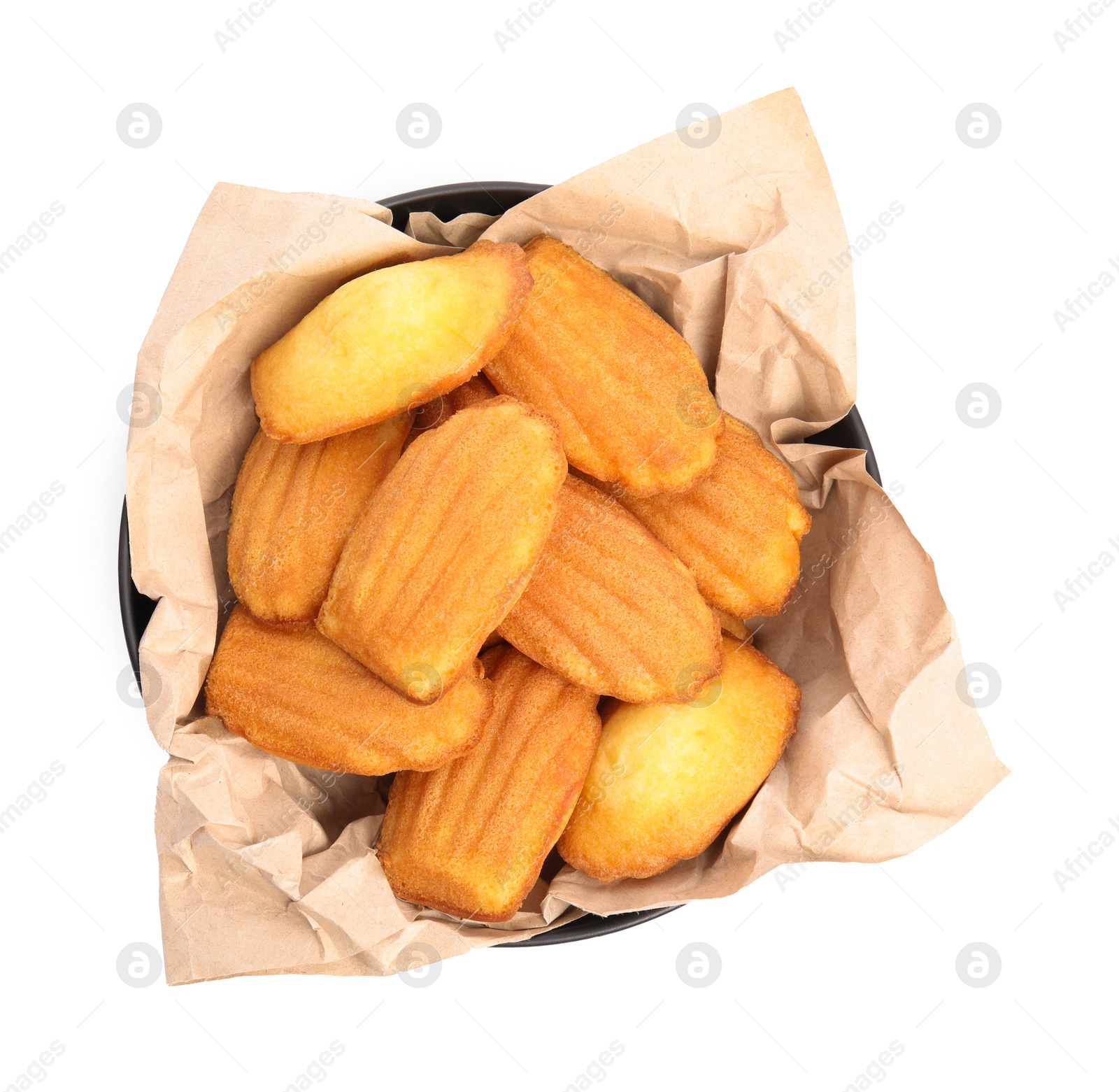 Photo of Delicious madeleine cakes in bowl on white background, top view